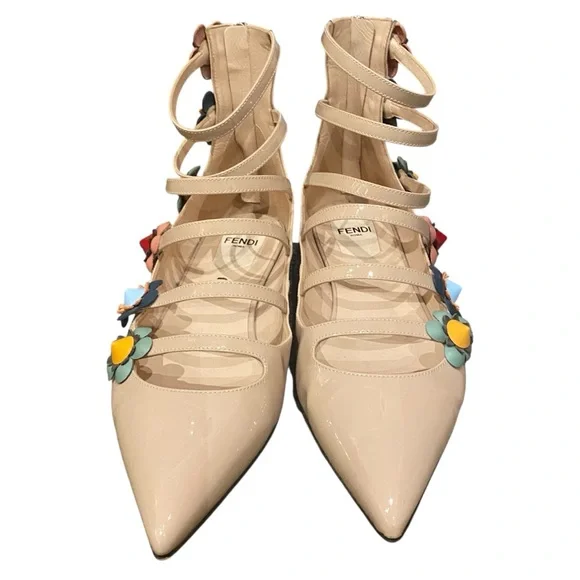 Fendi Flowerland Patent Leather Floral Trim Pointed Toe Ankle Cage Ballet Flats - Picture 3 of 6